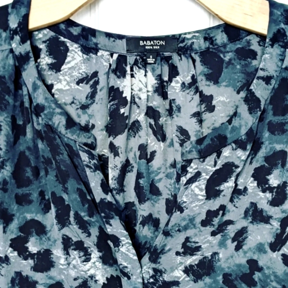 Aritzia Babaton Blue-Grey Muted Semi Sheer Animal Print Silk Blouse, Small.
